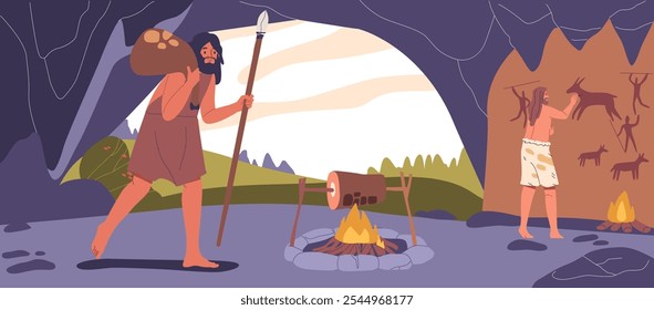 Cartoon Illustration Captures Stone Age Life With Hunter Carrying A Spear And A Bundle Of Goods In A Cave While Another Figure Engages In Creating Prehistoric Art By The Fire With Lush Nature Outside