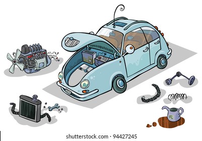 Cartoon Illustration of a Car with his Parts.