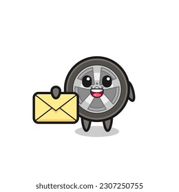 cartoon illustration of car wheel holding a yellow letter , cute style design for t shirt, sticker, logo element