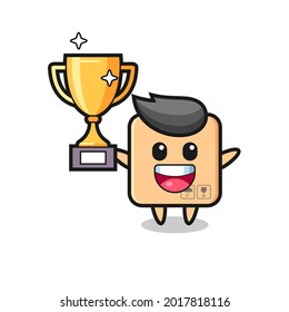 Cartoon Illustration of cardboard box is happy holding up the golden trophy , cute style design for t shirt, sticker, logo element