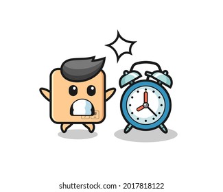 Cartoon Illustration of cardboard box is surprised with a giant alarm clock , cute style design for t shirt, sticker, logo element