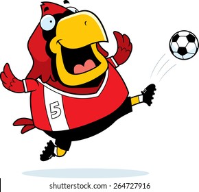 A cartoon illustration of a cardinal kicking a soccer ball.