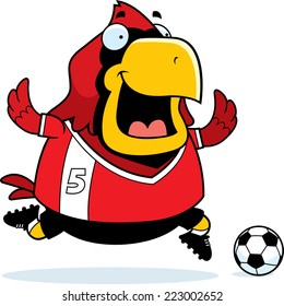 A cartoon illustration of a cardinal playing soccer.