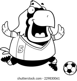 A cartoon illustration of a cardinal playing soccer.