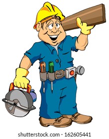 Cartoon Illustration of a Carpenter Ready For Work.