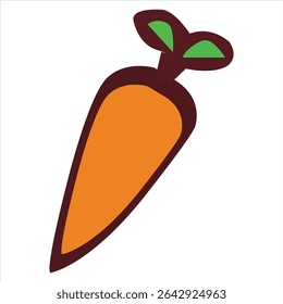 A cartoon illustration of a carrot isolated on a white background. The carrot has green leaves and a simple, minimalist design. 