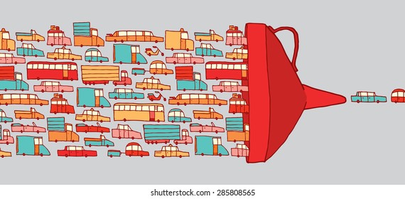 Cartoon illustration of cars in heavy traffic jam driving through a giant funnel