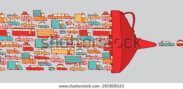 Cartoon illustration of cars in heavy traffic jam\
driving through a giant\
funnel