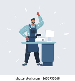 Cartoon illustration of Cashier Employee with Friendly smile waving his hands.