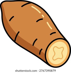 A cartoon illustration of a cassava root vegetable, showcasing its brown skin and starchy white interior, perfect for food-related designs.