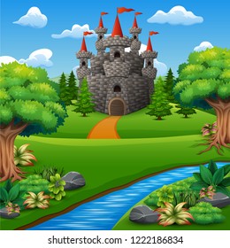 Cartoon Illustration of Castle on hill Landscape