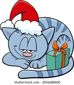 Cartoon illustration of cat animal character with present on Christmas time