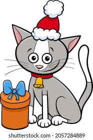 Cartoon illustration of cat animal character with bell and gift on Christmas time