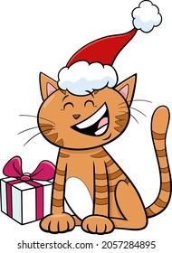 Cartoon illustration of cat animal character with present on Christmas time