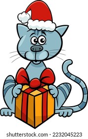 Cartoon illustration of cat animal character with gift on Christmas time