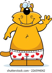 A cartoon illustration of a cat in boxer shorts.