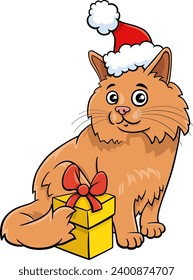 Cartoon illustration of cat character with gift on Christmas time