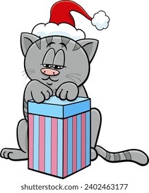 Cartoon illustration of cat character with gift on Christmas time