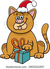 Cartoon illustration of cat character with gift on Christmas time