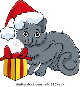 Cartoon illustration of cat character with present on Christmas time