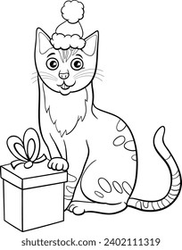 Cartoon illustration of cat character with present on Christmas time coloring page