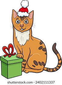 Cartoon illustration of cat character with present on Christmas time