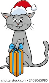 Cartoon illustration of cat character with present on Christmas time