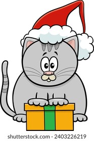 Cartoon illustration of cat character with present on Christmas time