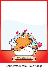 A cartoon illustration of a cat cupid in a Valentine's Day themed graphic.