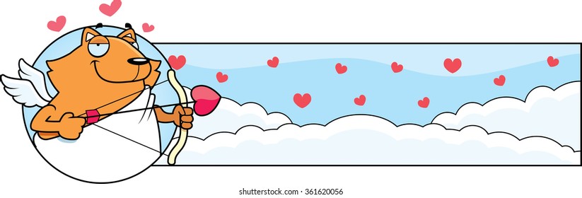 A cartoon illustration of a cat cupid in a Valentine's Day themed graphic.