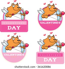 A cartoon illustration of a cat cupid in a Valentine's Day themed graphic.