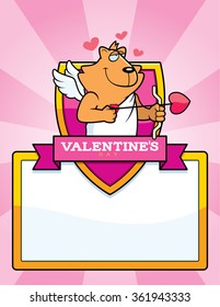 A cartoon illustration of a cat cupid in a Valentine's Day themed graphic.
