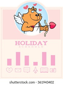 A cartoon illustration of a cat cupid in a Valentine's Day themed graphic.