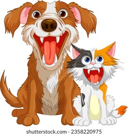 A cartoon illustration of a cat and dog with sharp teeth bared, isolated on a white background