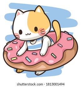 Cartoon illustration cat and donut ring. Isolated and clipart on white background. Vector cartoon character. This illustration is for decoration, sticker, logo and pattern.
