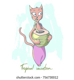Cartoon illustration of a cat drinking coconut milk. Vector illustration.