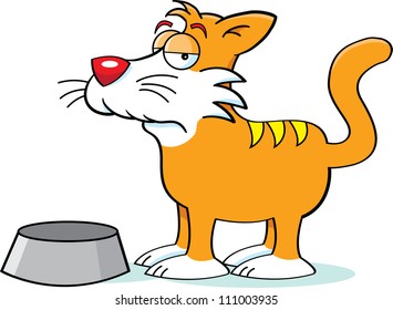 Cartoon illustration of a cat with a food dish