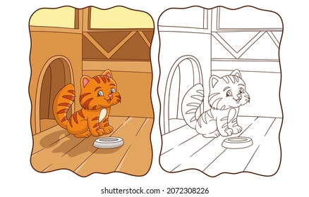 cartoon illustration cat is getting ready to eat with his plate book or page for kids