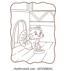 cartoon illustration cat is getting ready to eat with his plate book or page for kids black and white