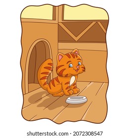 cartoon illustration cat is getting ready to eat with his plate
