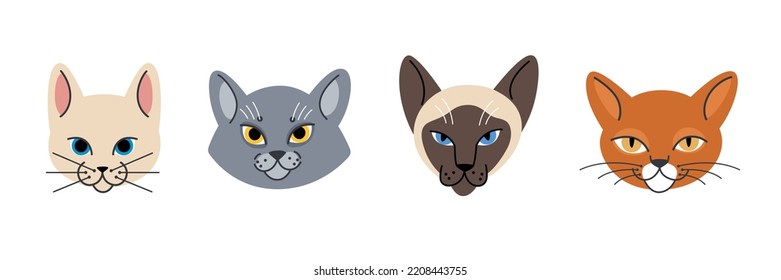 Cartoon illustration of cat head. Different type of cats. Vector illustration for prints, clothing, packaging, stickers.