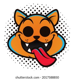 Cartoon illustration of Cat Head with long tongue using halftone effect like old school comic style, best for sticker, pin, t-shirt design for urban streetwear style