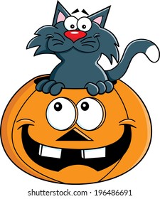 Cartoon illustration of a cat inside a pumpkin.