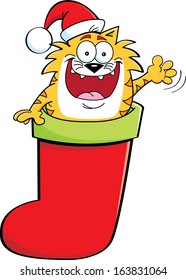Cartoon illustration of a cat inside a stocking while waving.