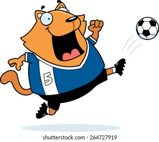A cartoon illustration of a cat kicking a soccer ball.