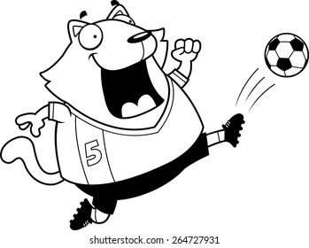 A cartoon illustration of a cat kicking a soccer ball.