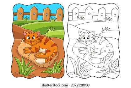 cartoon illustration cat lying on the carpet in the yard book or page for kids