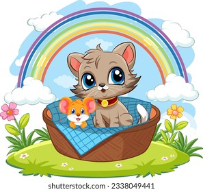 A cartoon illustration of a cat and mouse sitting in a basket in a garden outdoor scene