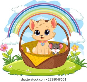 A cartoon illustration of a cat and mouse sitting in a basket in a garden outdoor scene
