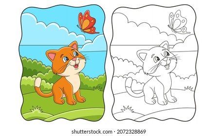 cartoon illustration cat playing with butterfly in the forest book or page for kids